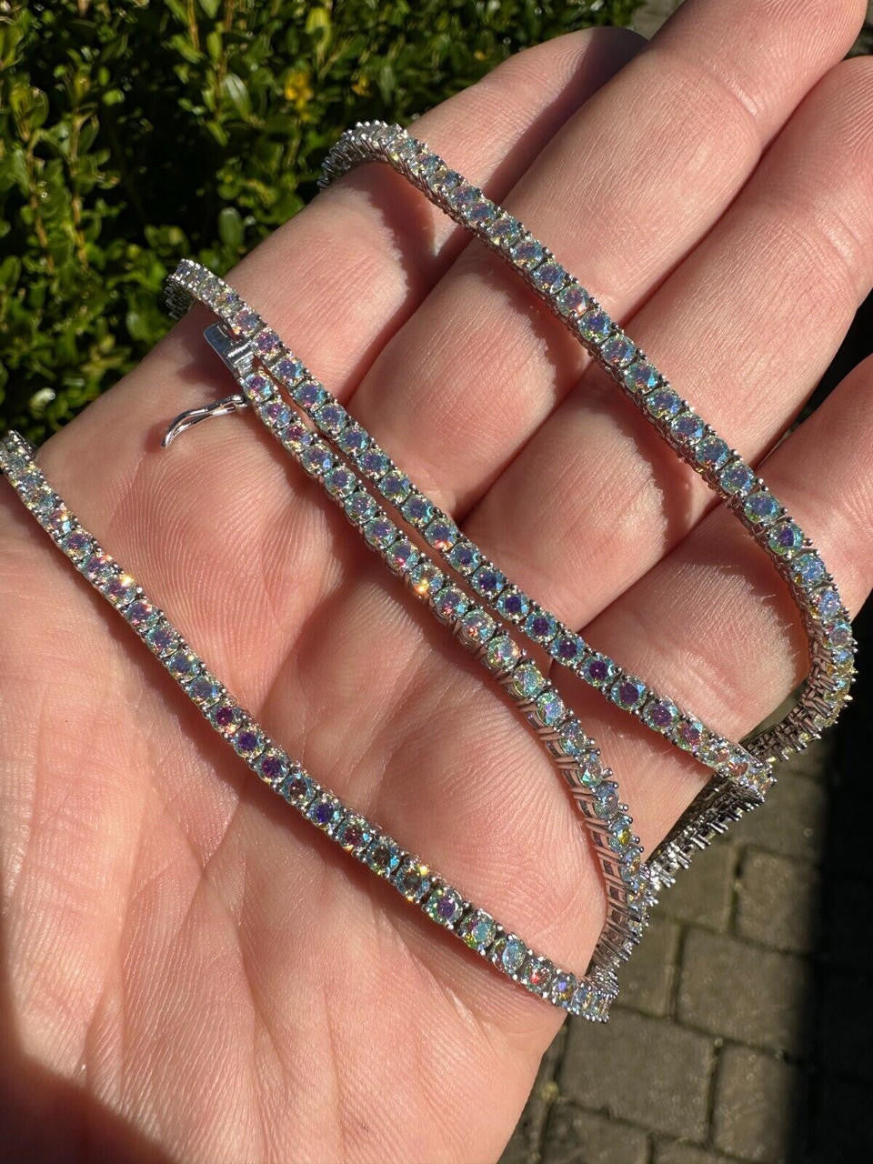 Opal Rainbow MOISSANITE Tennis Chain Necklace Iced Out - 925 Silver - 3mm - 16"-28"