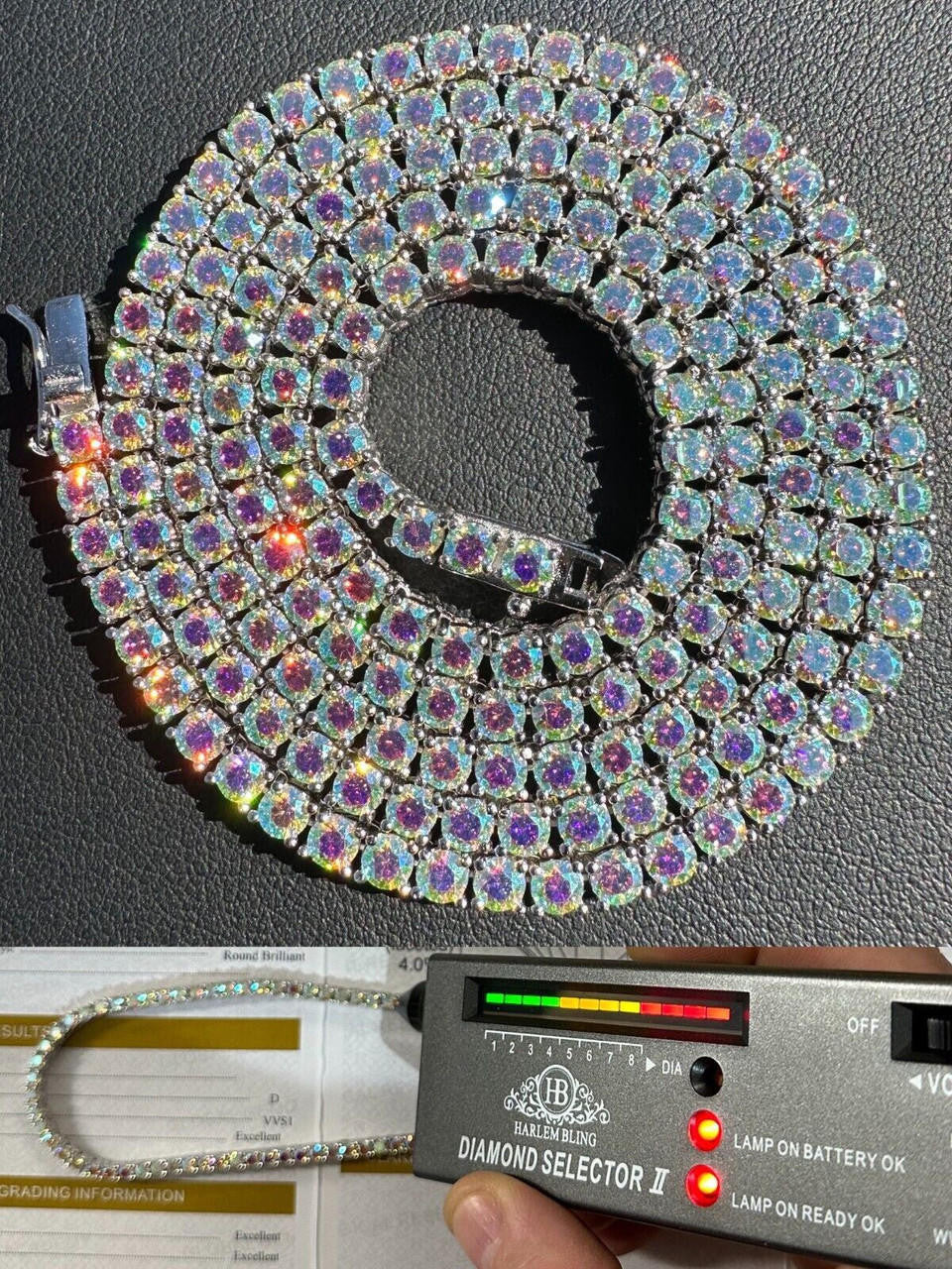 Opal Rainbow MOISSANITE Tennis Chain Necklace Iced Out - 925 Silver - 3mm - 16"-28"