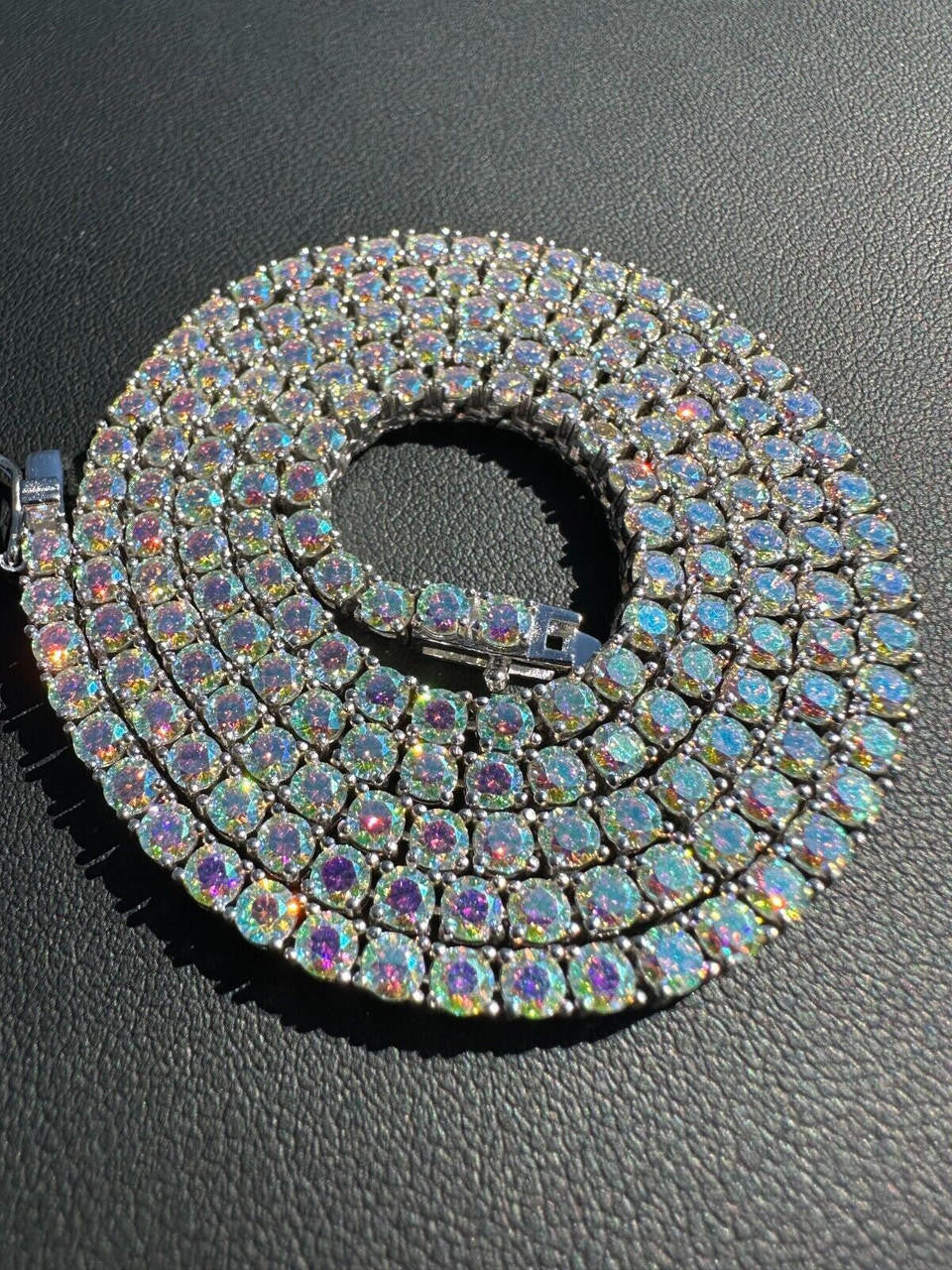Opal Rainbow MOISSANITE Tennis Chain Necklace Iced Out - 925 Silver - 3mm - 16"-28"