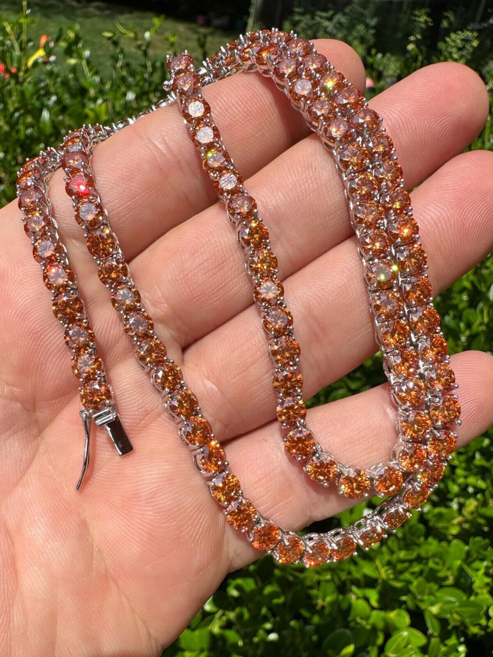 Orange MOISSANITE Tennis Chain Necklace Iced Out - 925 Silver - 5mm - 16"-28"