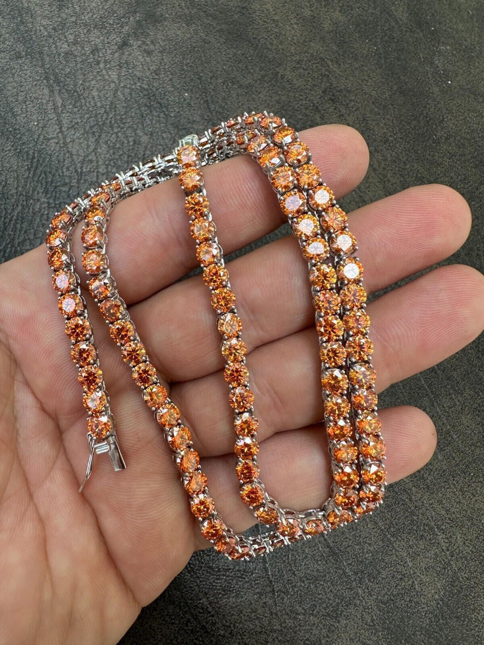 Orange MOISSANITE Tennis Chain Necklace Iced Out - 925 Silver - 5mm - 16"-28"