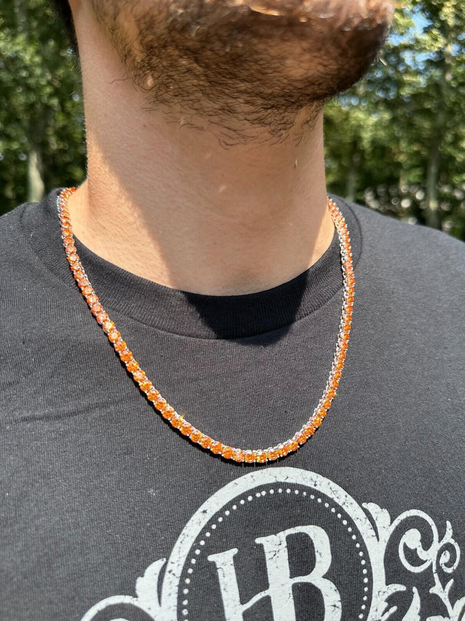 Orange MOISSANITE Tennis Chain Necklace Iced Out - 925 Silver - 5mm - 16"-28"