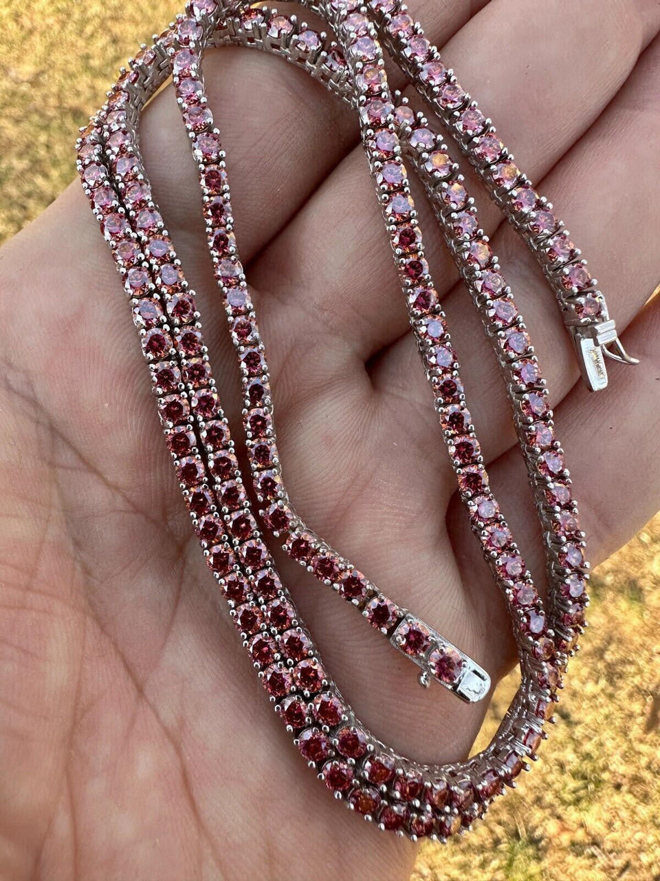 Pink MOISSANITE Tennis Chain Necklace Iced Out - 925 Silver - 3mm - 16"-28"