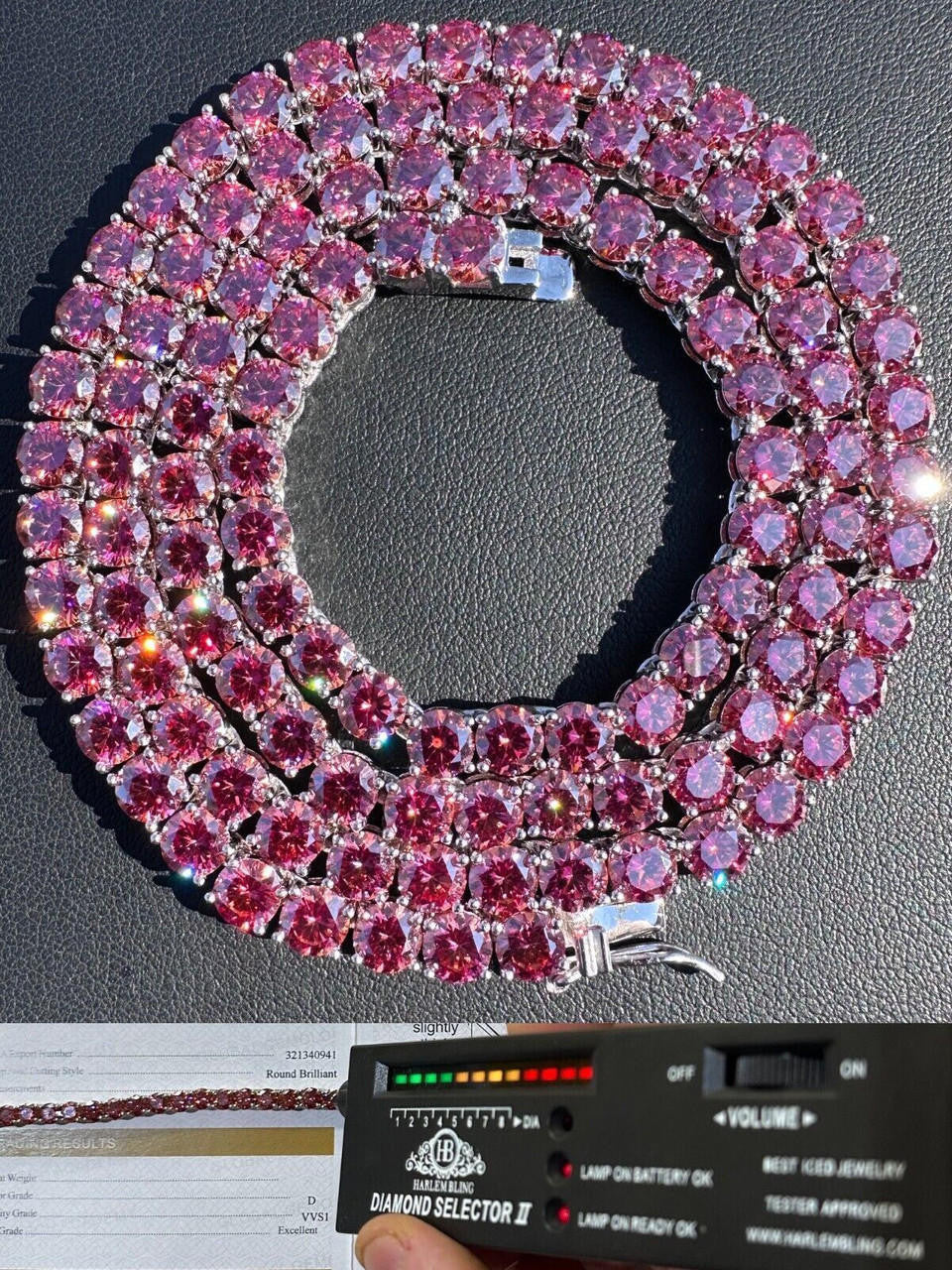 Pink MOISSANITE Tennis Chain Necklace Iced Out - 925 Silver - 5mm - 16"-28"