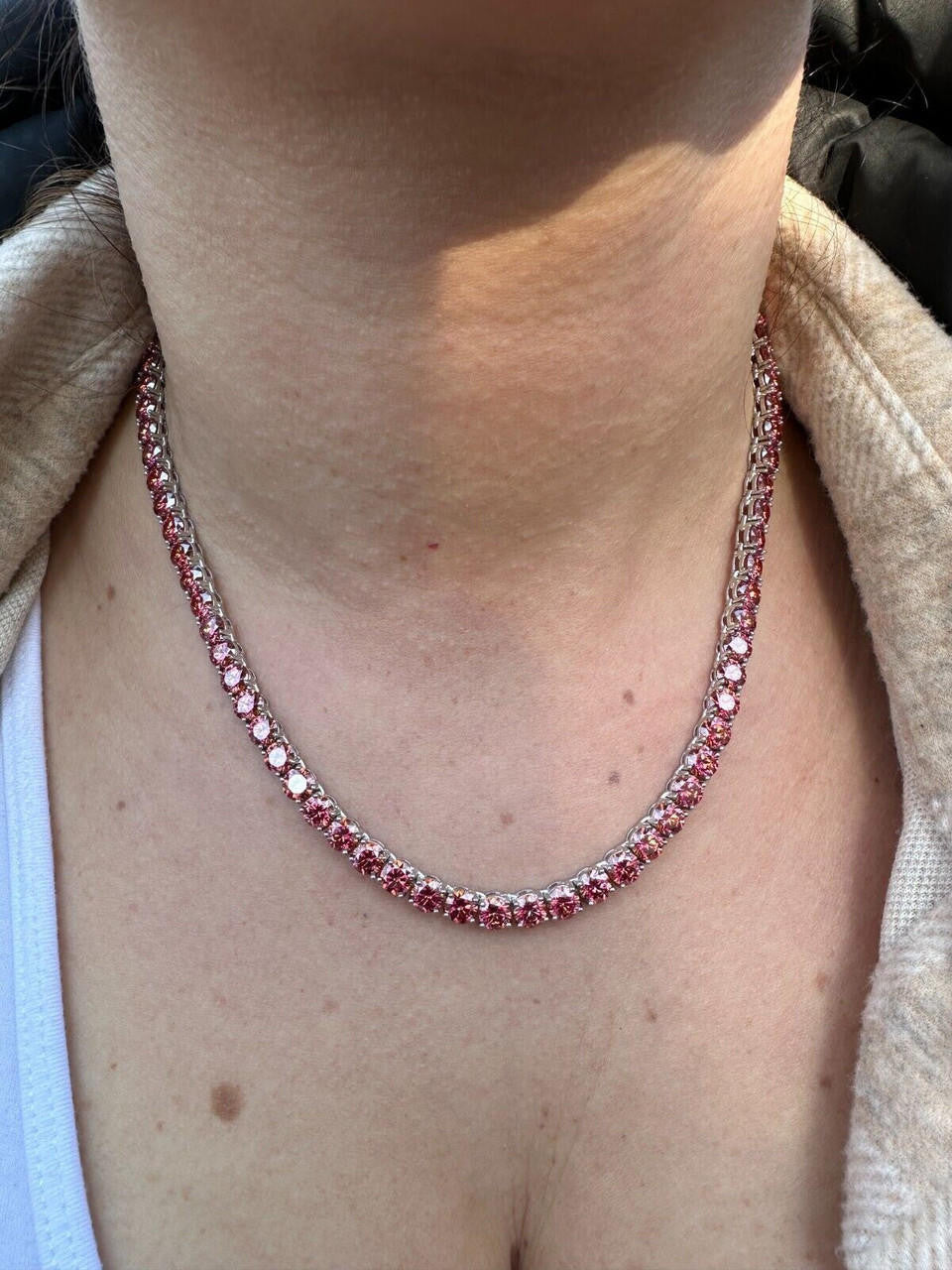 Pink MOISSANITE Tennis Chain Necklace Iced Out - 925 Silver - 5mm - 16"-28"