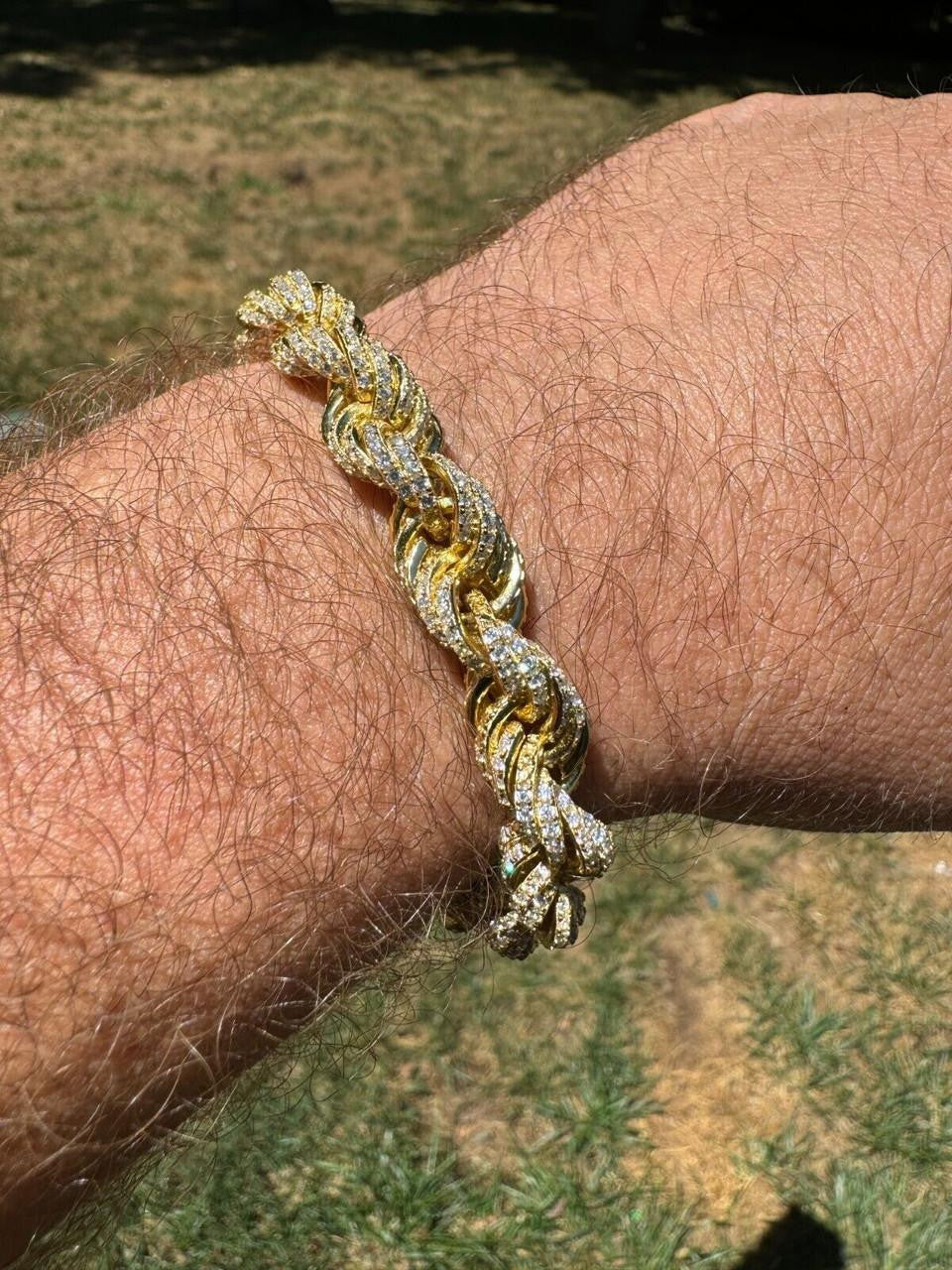 Rope Bracelet Iced Out CZ Stones - 14k Gold Vermeil 925 Silver - 9mm - 7.5"-8.5"