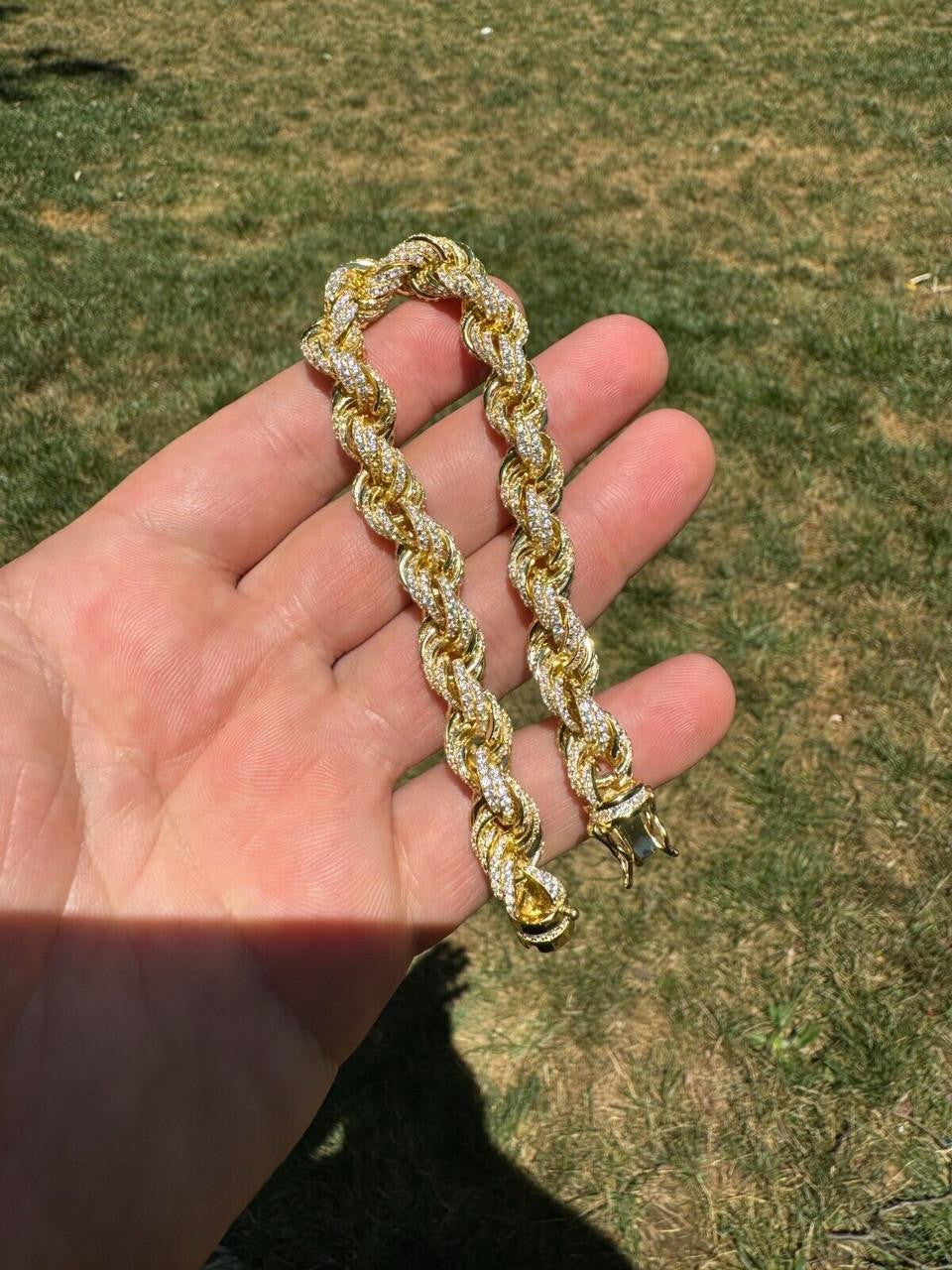 Rope Bracelet Iced Out CZ Stones - 14k Gold Vermeil 925 Silver - 9mm - 7.5"-8.5"