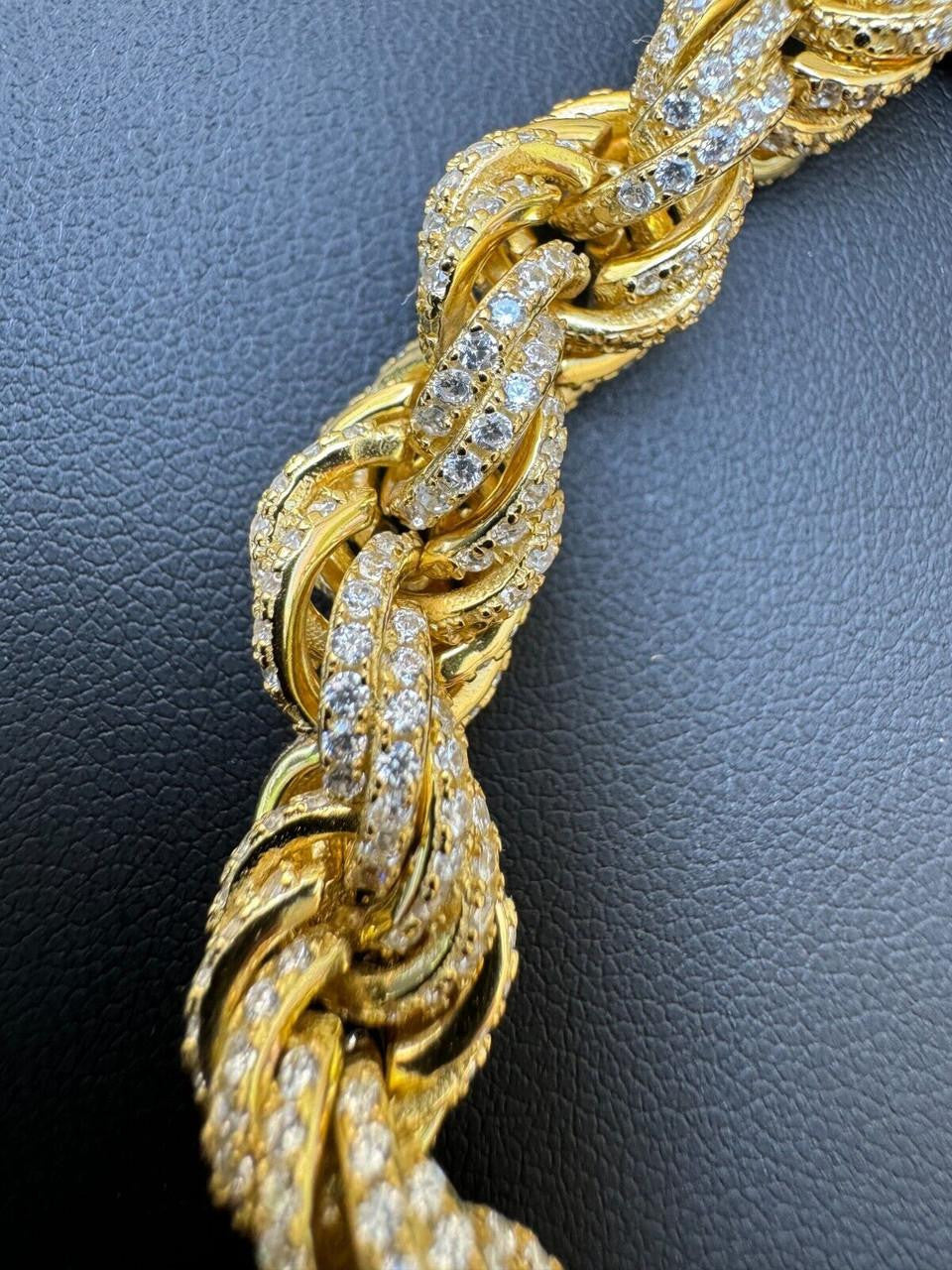 Rope Bracelet Iced Out CZ Stones - 14k Gold Vermeil 925 Silver - 9mm - 7.5"-8.5"
