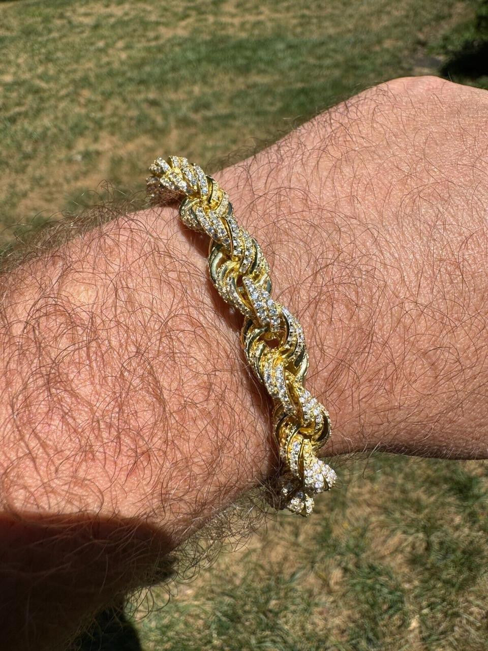 Rope Bracelet Iced Out CZ Stones - 14k Gold Vermeil 925 Silver - 9mm - 7.5"-8.5"