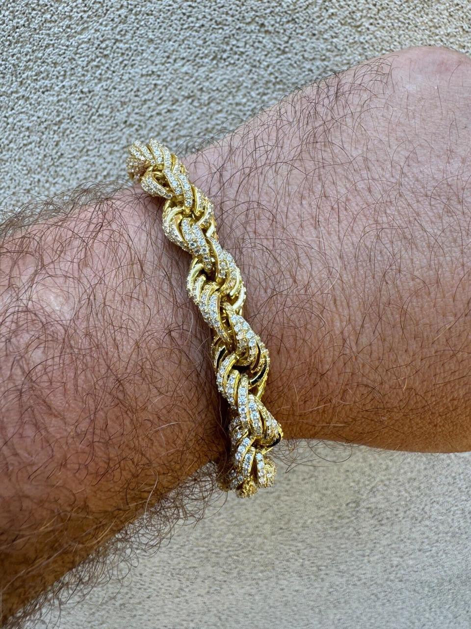 Rope Bracelet Iced Out CZ Stones - 14k Gold Vermeil 925 Silver - 9mm - 7.5"-8.5"