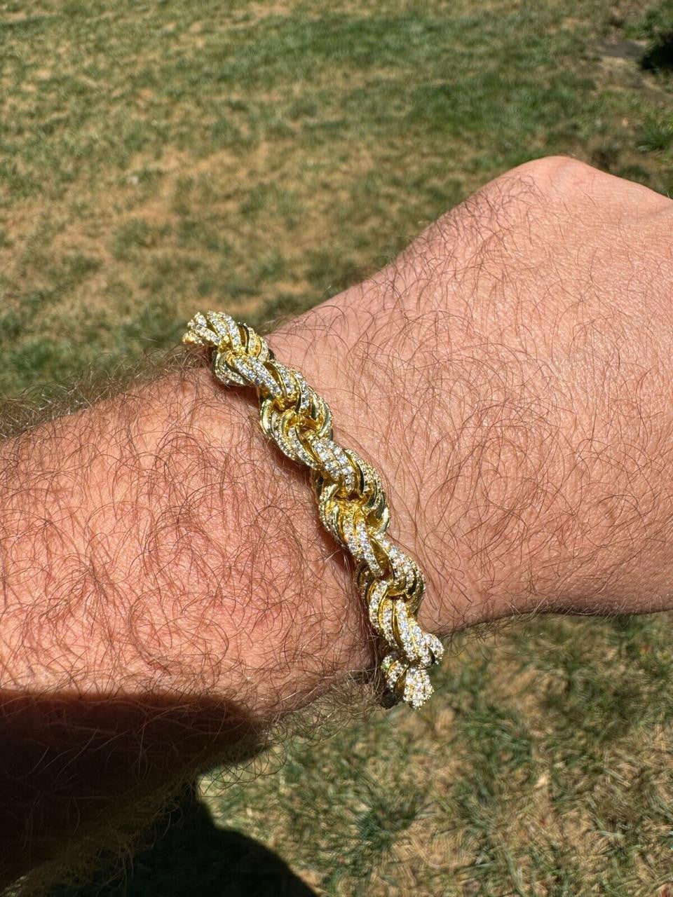 Rope Bracelet Iced Out CZ Stones - 14k Gold Vermeil 925 Silver - 9mm - 7.5"-8.5"