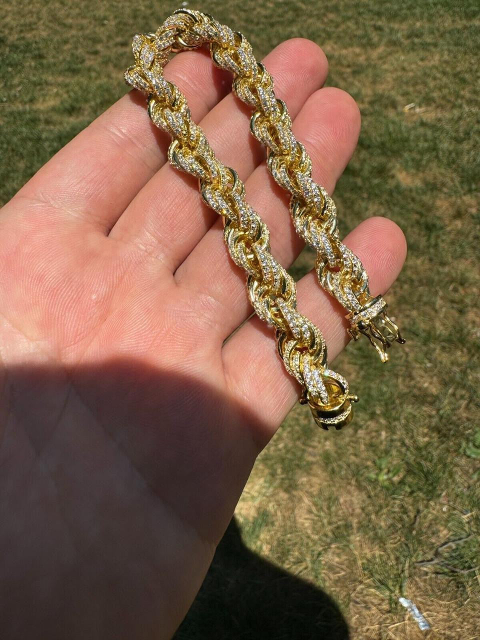 Rope Bracelet Iced Out CZ Stones - 14k Gold Vermeil 925 Silver - 9mm - 7.5"-8.5"
