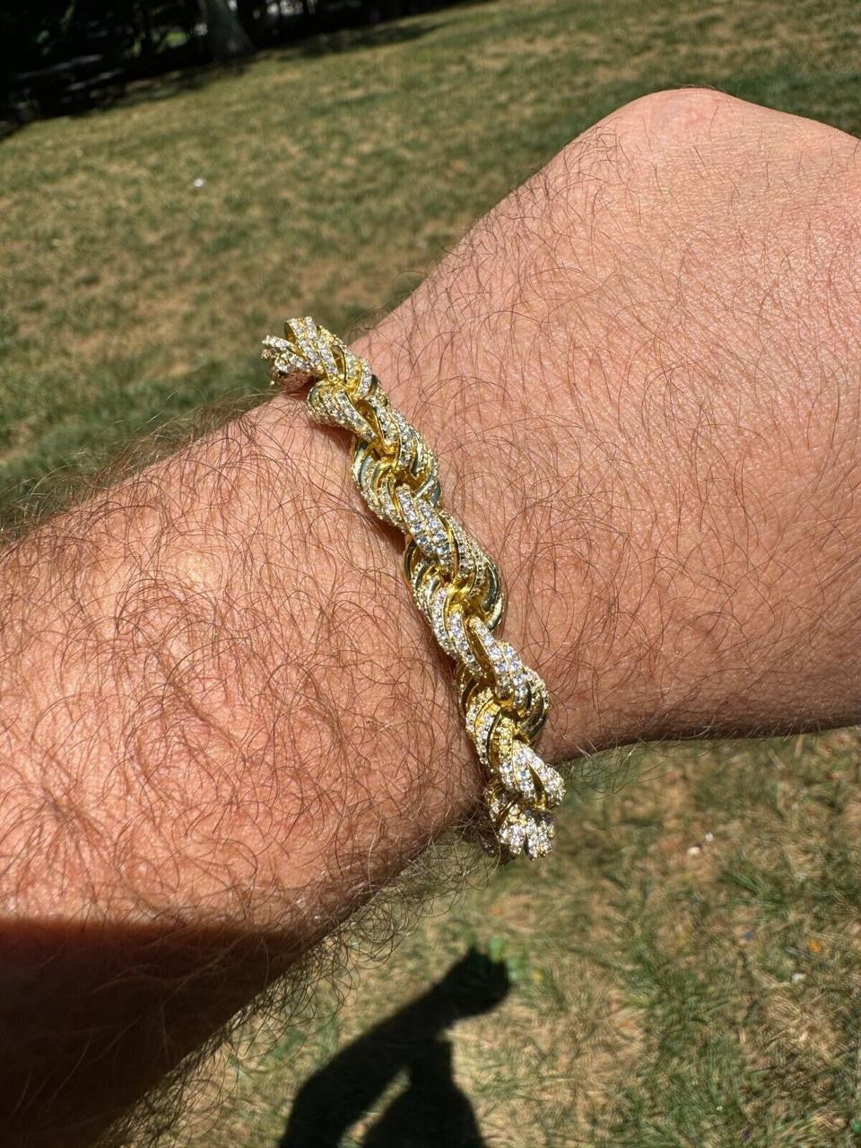 Rope Bracelet Iced Out CZ Stones - 14k Gold Vermeil 925 Silver - 9mm - 7.5"-8.5"