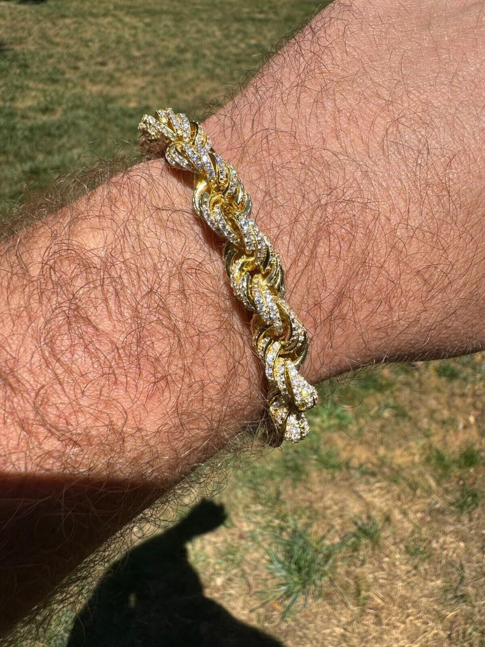 Rope Bracelet Iced Out CZ Stones - 14k Gold Vermeil 925 Silver - 9mm - 7.5"-8.5"