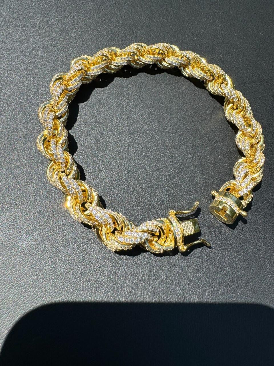 Rope Bracelet Iced Out CZ Stones - 14k Gold Vermeil 925 Silver - 9mm - 7.5"-8.5"
