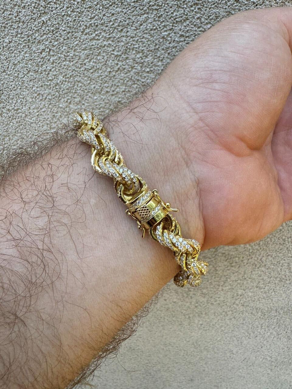 Rope Bracelet Iced Out CZ Stones - 14k Gold Vermeil 925 Silver - 9mm - 7.5"-8.5"