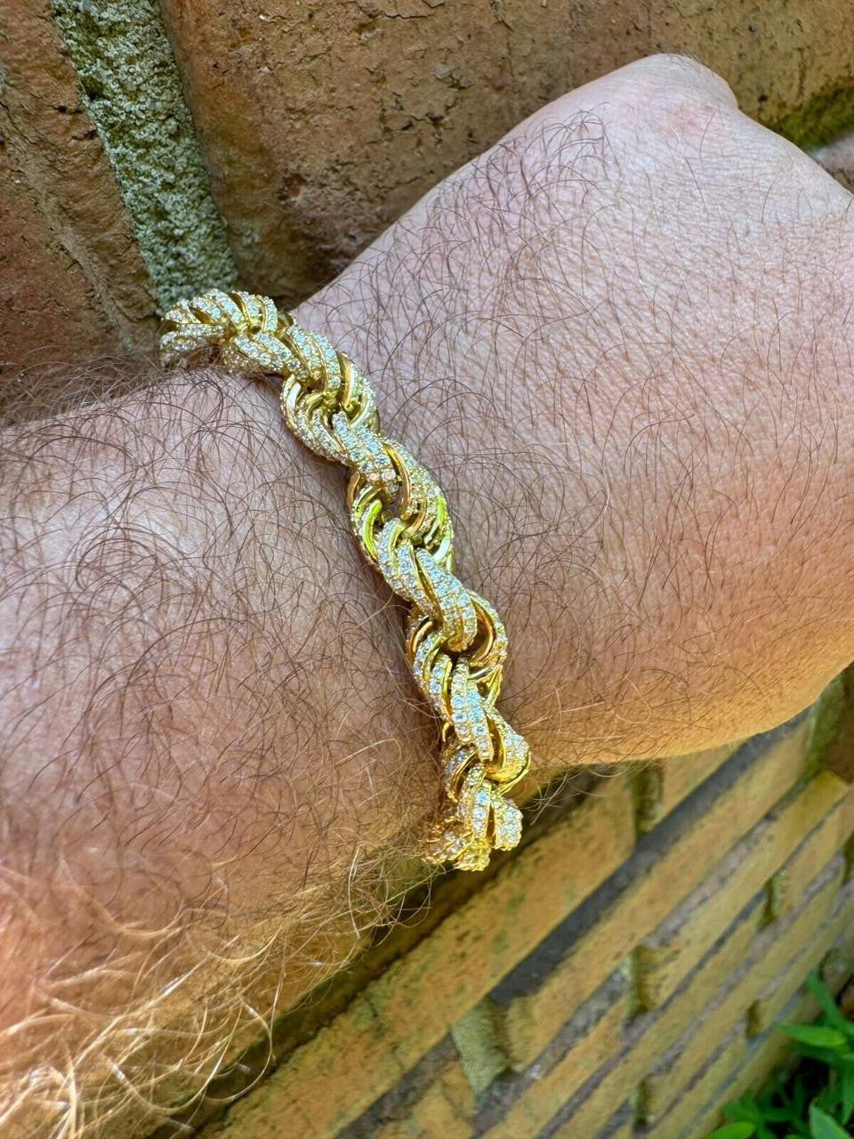 Rope Bracelet Iced Out CZ Stones - 14k Gold Vermeil 925 Silver - 9mm - 7.5"-8.5"