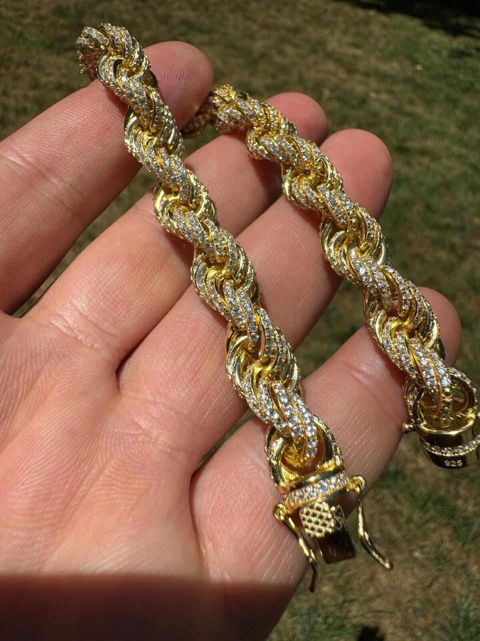 Rope Bracelet Iced Out CZ Stones - 14k Gold Vermeil 925 Silver - 9mm - 7.5"-8.5"