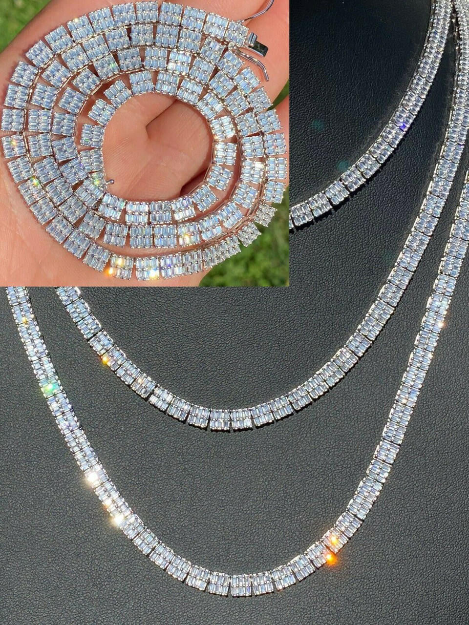 Baguette Tennis Link Chain Necklace Iced Out CZ Stones - 925 Silver - 5mm - 16"-30"