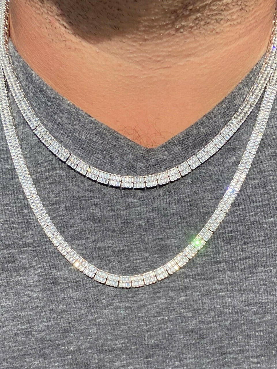 Baguette Tennis Link Chain Necklace Iced Out CZ Stones - 925 Silver - 5mm - 16"-30"
