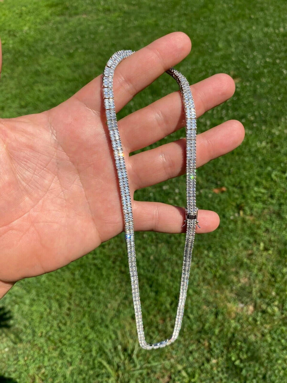 Baguette Tennis Link Chain Necklace Iced Out CZ Stones - 925 Silver - 5mm - 16"-30"