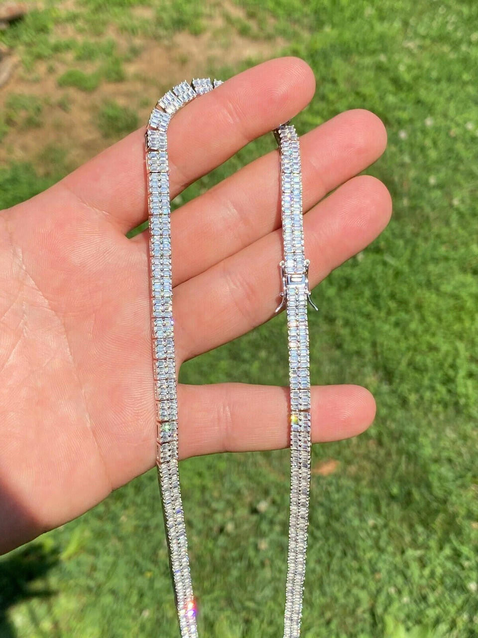 Baguette Tennis Link Chain Necklace Iced Out CZ Stones - 925 Silver - 5mm - 16"-30"