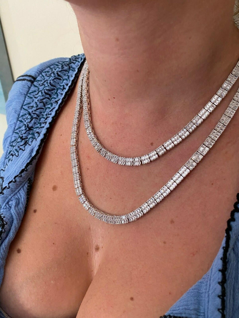 Baguette Tennis Link Chain Necklace Iced Out CZ Stones - 925 Silver - 5mm - 16"-30"