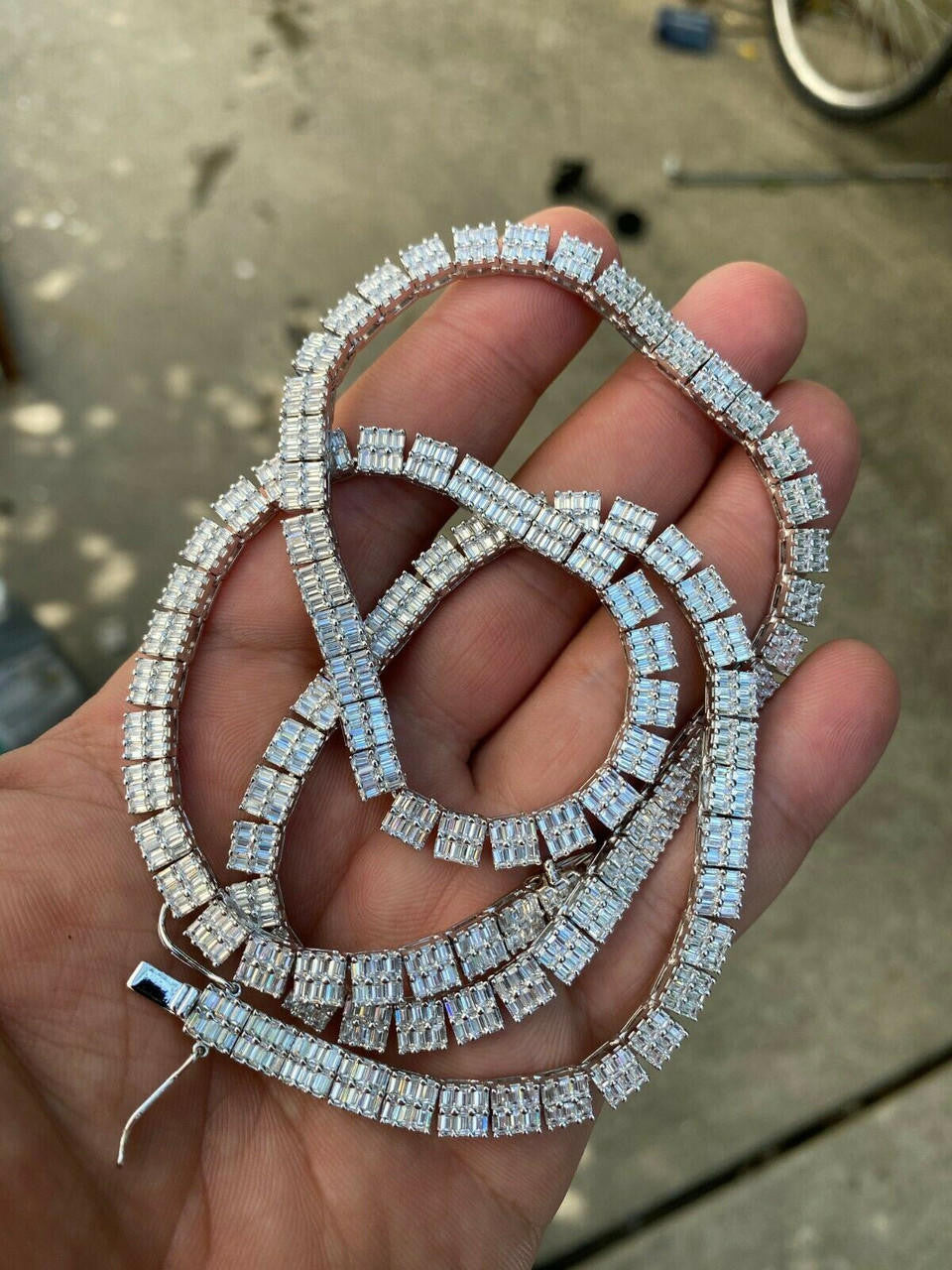 Baguette Tennis Link Chain Necklace Iced Out CZ Stones - 925 Silver - 5mm - 16"-30"