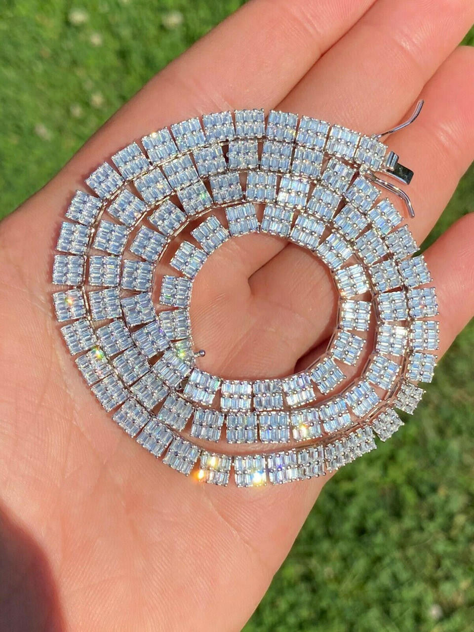 Baguette Tennis Link Chain Necklace Iced Out CZ Stones - 925 Silver - 5mm - 16"-30"