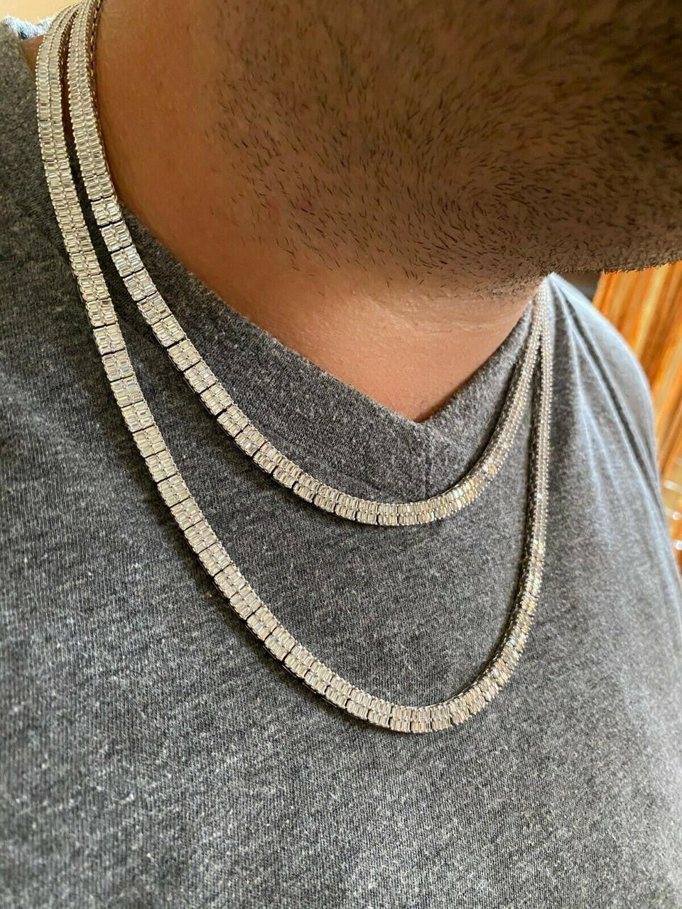 Baguette Tennis Link Chain Necklace Iced Out CZ Stones - 925 Silver - 5mm - 16"-30"