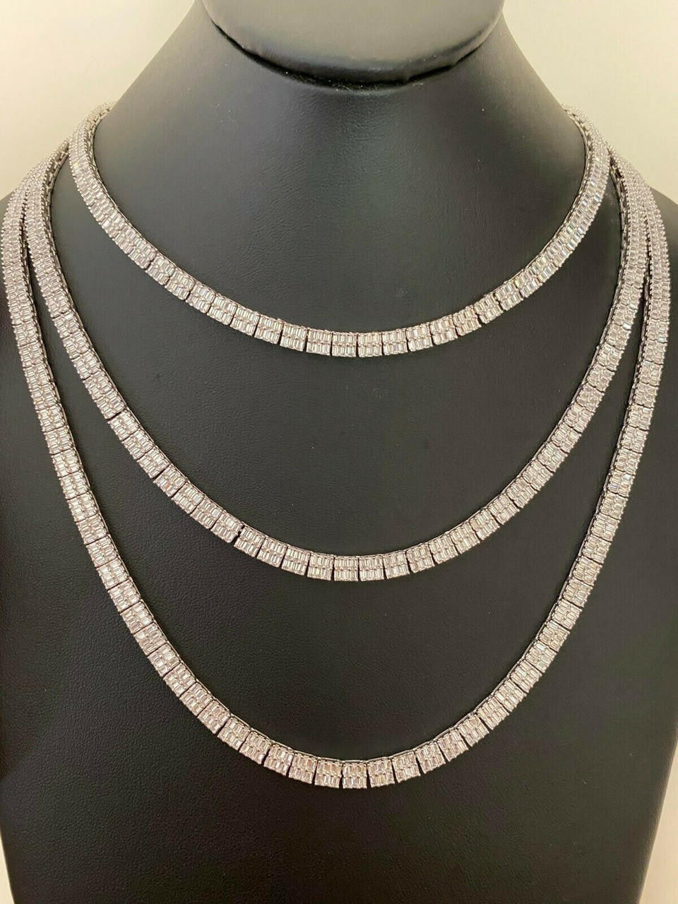 Baguette Tennis Link Chain Necklace Iced Out CZ Stones - 925 Silver - 5mm - 16"-30"