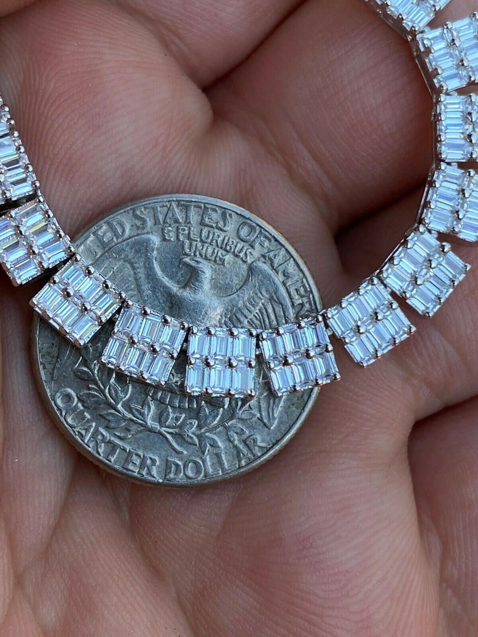 Baguette Tennis Link Chain Necklace Iced Out CZ Stones - 925 Silver - 5mm - 16"-30"