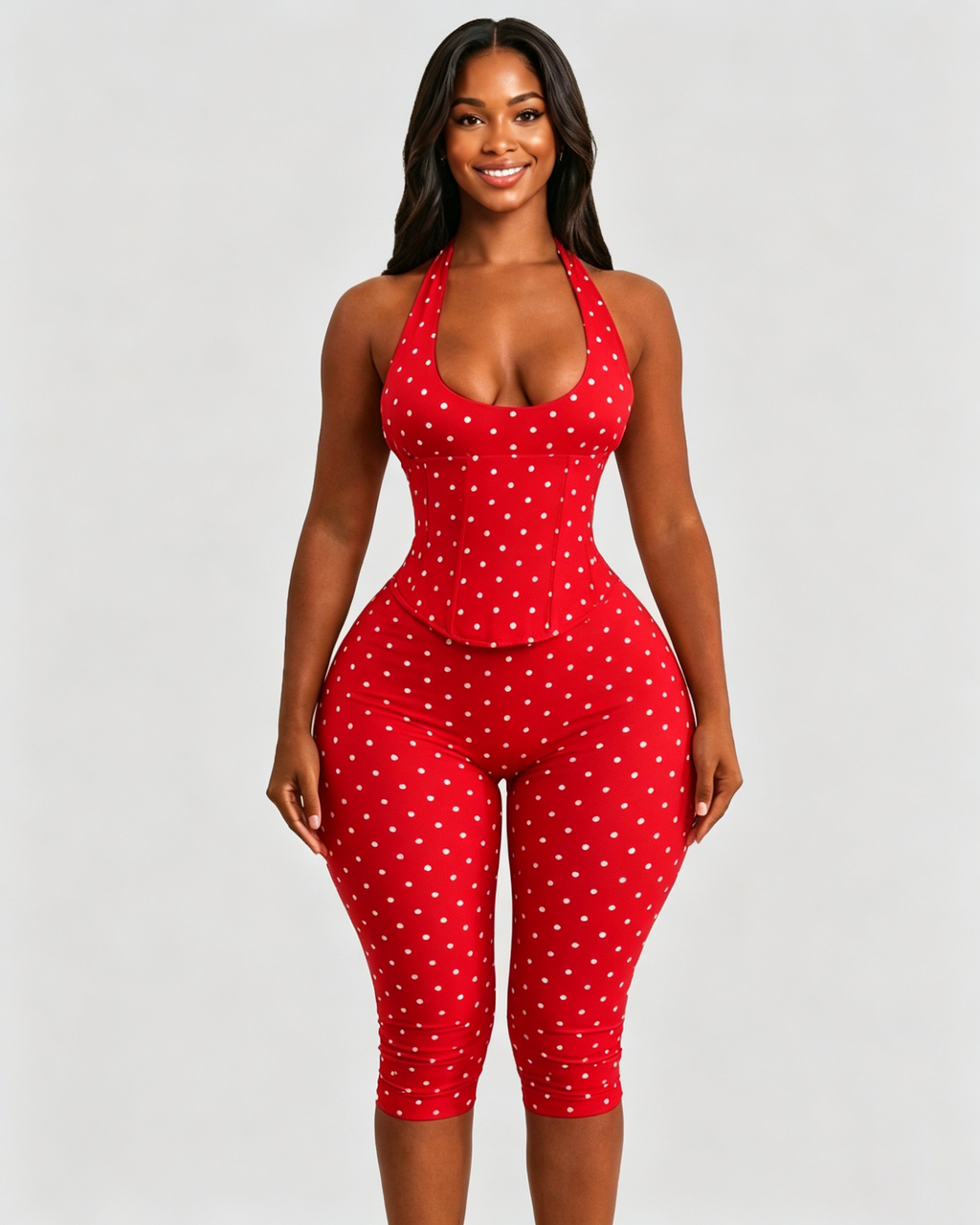 Conjunto Mono Capri de Lunares con Corsé Moldeador – Efecto Reloj de Arena