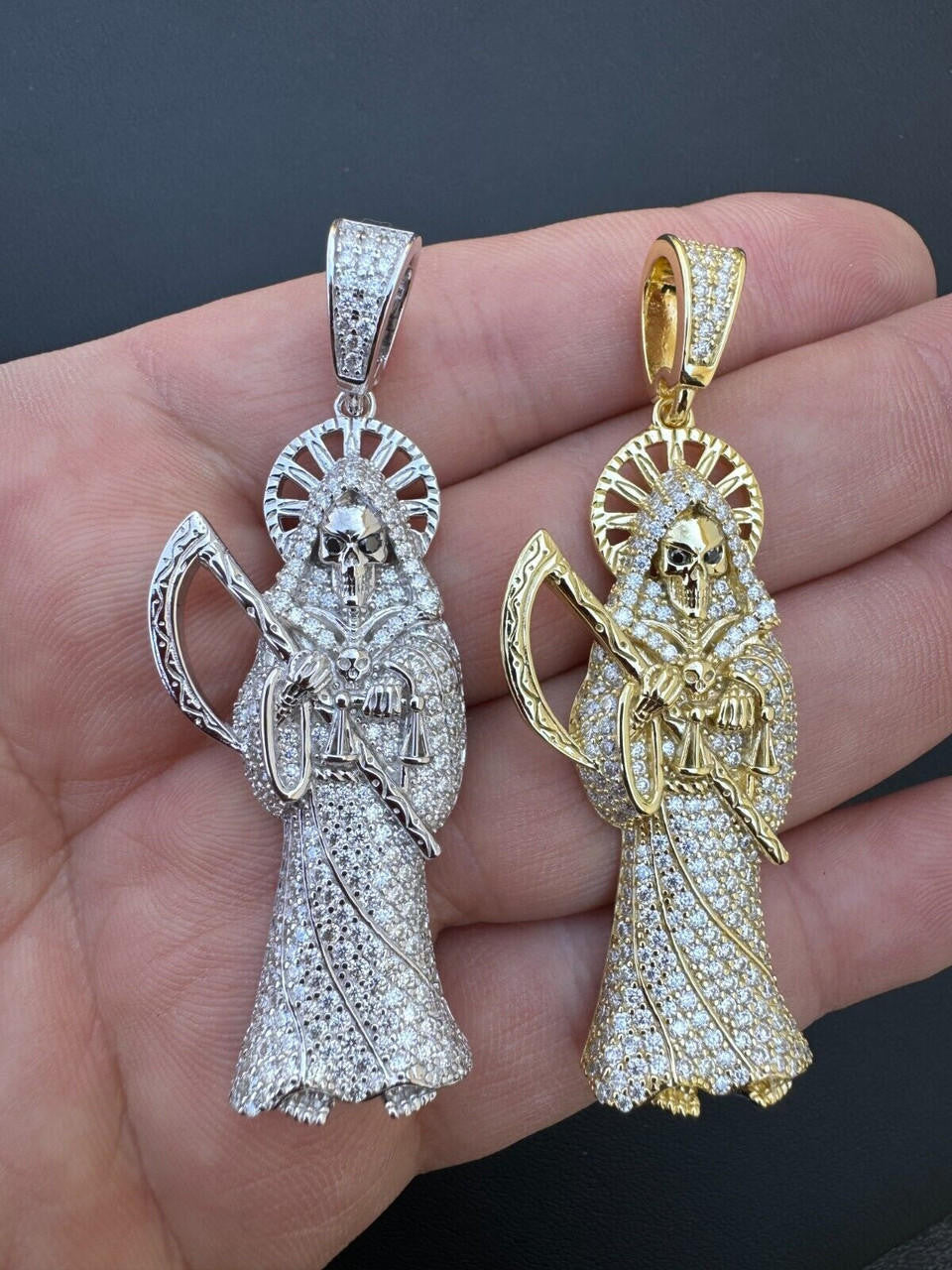 MOISSANITE Santa Muerte Grim Reaper Iced Out Pendant - 14k Gold Vermeil Or 925 Silver - Large 2.5"