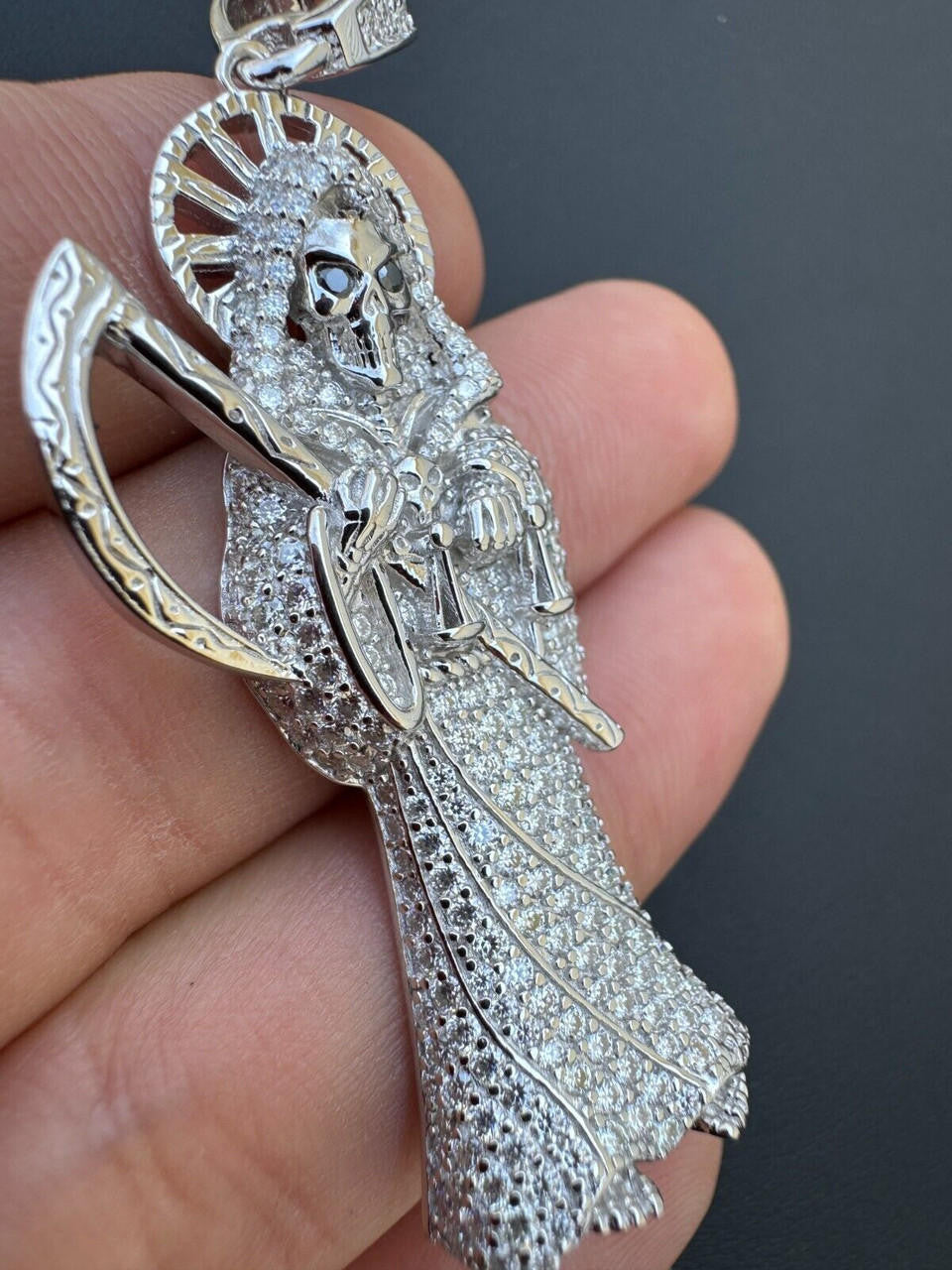 MOISSANITE Santa Muerte Grim Reaper Iced Out Pendant - 14k Gold Vermeil Or 925 Silver - Large 2.5"