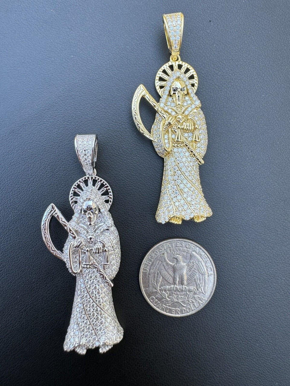 MOISSANITE Santa Muerte Grim Reaper Iced Out Pendant - 14k Gold Vermeil Or 925 Silver - Large 2.5"