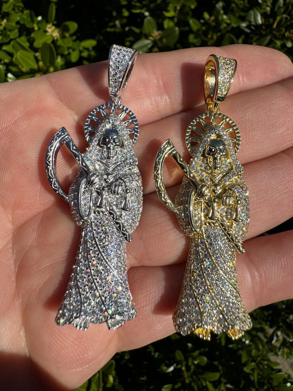 MOISSANITE Santa Muerte Grim Reaper Iced Out Pendant - 14k Gold Vermeil Or 925 Silver - Large 2.5"