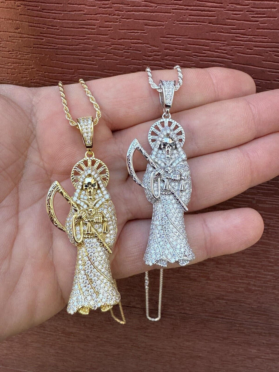 MOISSANITE Santa Muerte Grim Reaper Iced Out Pendant - 14k Gold Vermeil Or 925 Silver - Large 2.5"