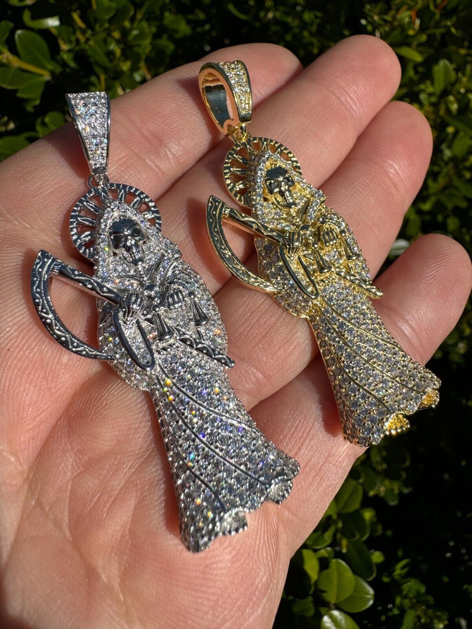 MOISSANITE Santa Muerte Grim Reaper Iced Out Pendant - 14k Gold Vermeil Or 925 Silver - Large 2.5"