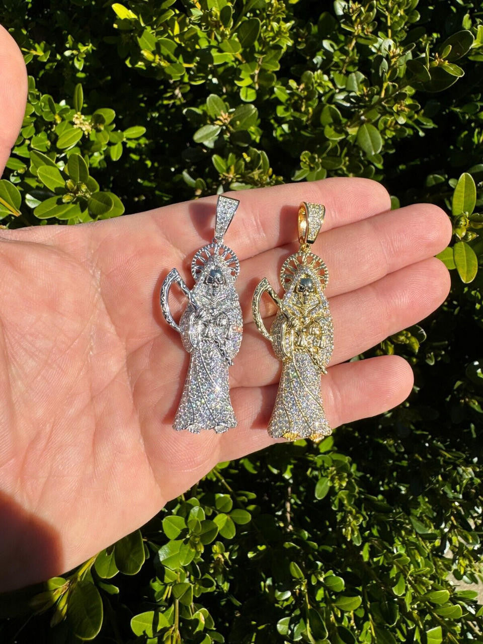 MOISSANITE Santa Muerte Grim Reaper Iced Out Pendant - 14k Gold Vermeil Or 925 Silver - Large 2.5"