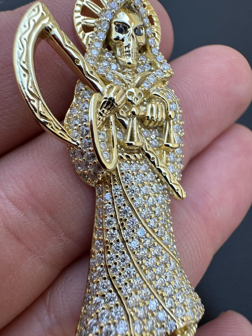 MOISSANITE Santa Muerte Grim Reaper Iced Out Pendant - 14k Gold Vermeil Or 925 Silver - Large 2.5"