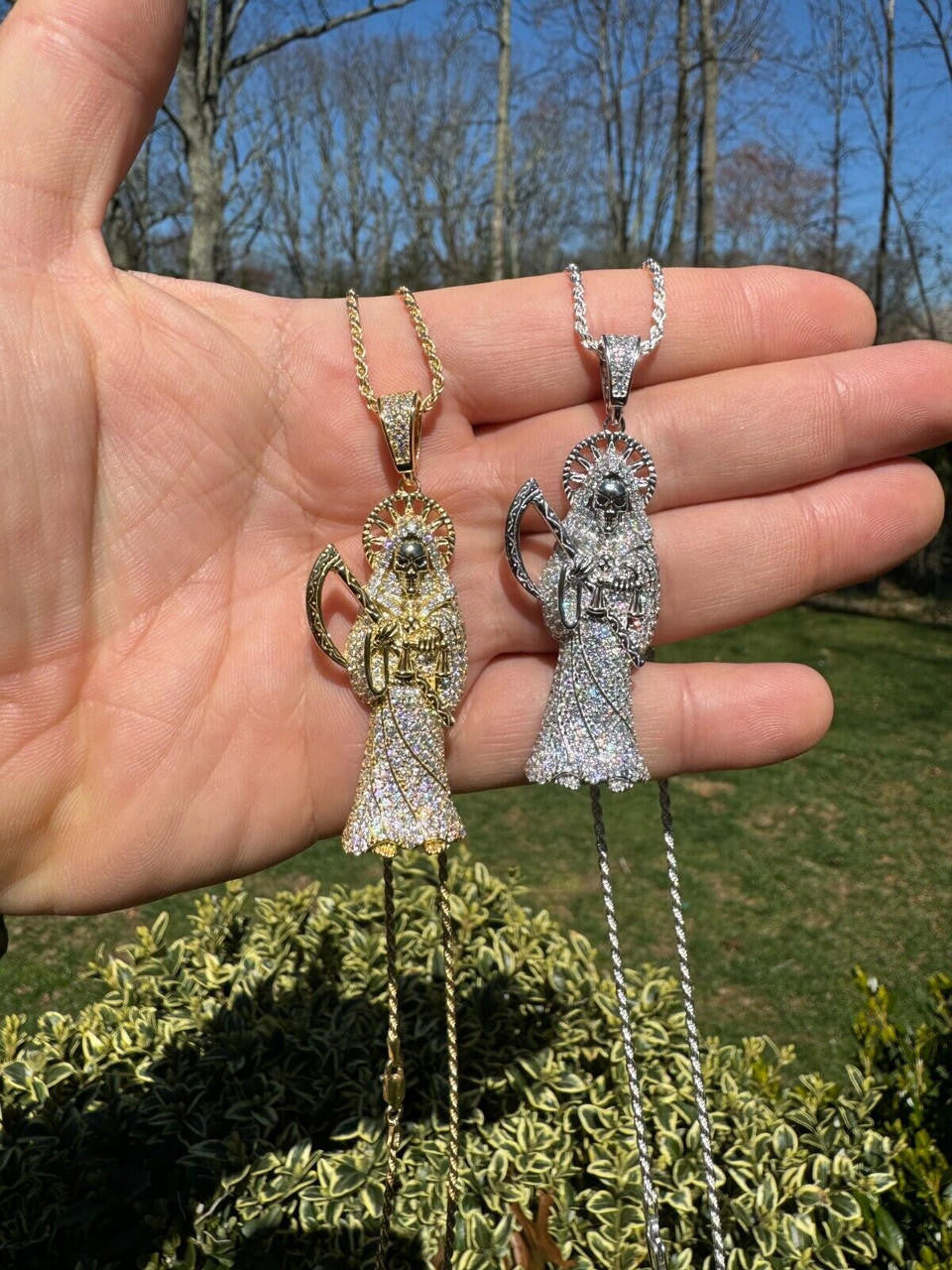 MOISSANITE Santa Muerte Grim Reaper Iced Out Pendant - 14k Gold Vermeil Or 925 Silver - Large 2.5"