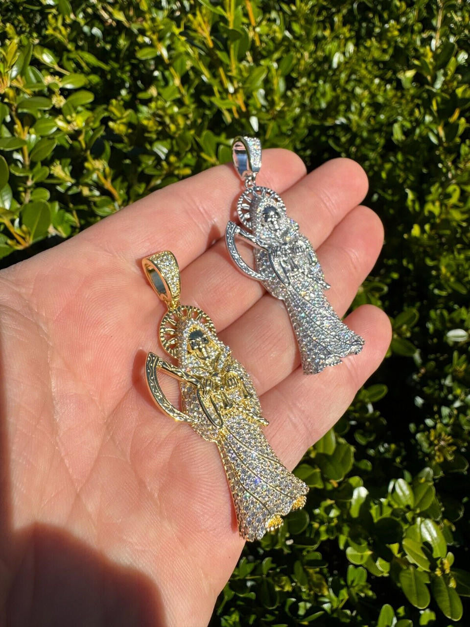 MOISSANITE Santa Muerte Grim Reaper Iced Out Pendant - 14k Gold Vermeil Or 925 Silver - Large 2.5"