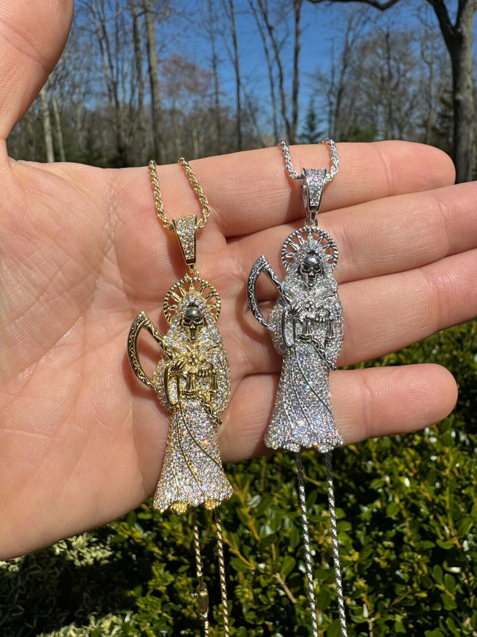 MOISSANITE Santa Muerte Grim Reaper Iced Out Pendant - 14k Gold Vermeil Or 925 Silver - Large 2.5"