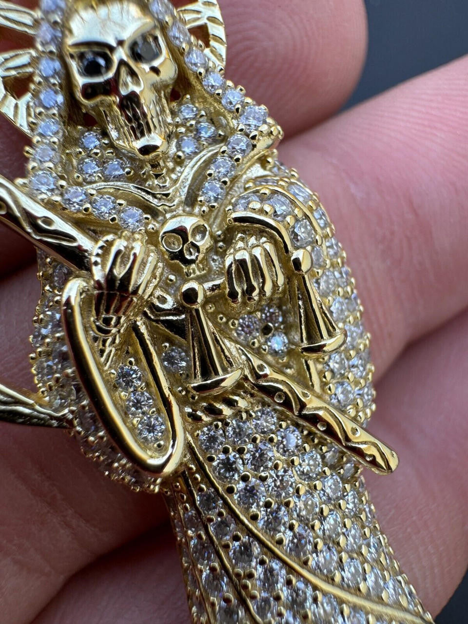 MOISSANITE Santa Muerte Grim Reaper Iced Out Pendant - 14k Gold Vermeil Or 925 Silver - Large 2.5"