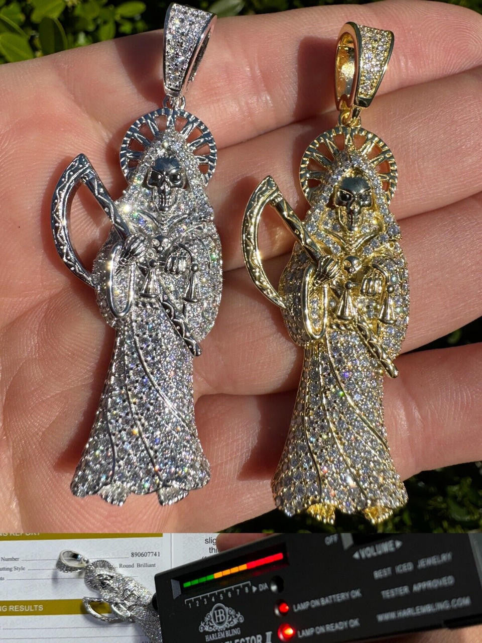 MOISSANITE Santa Muerte Grim Reaper Iced Out Pendant - 14k Gold Vermeil Or 925 Silver - Large 2.5"
