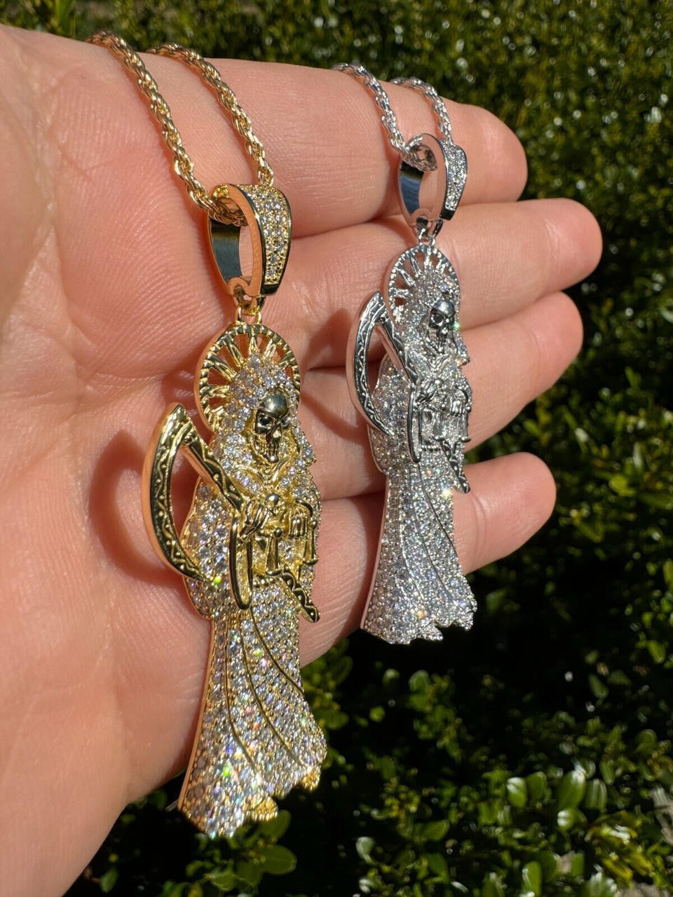 MOISSANITE Santa Muerte Grim Reaper Iced Out Pendant - 14k Gold Vermeil Or 925 Silver - Large 2.5"