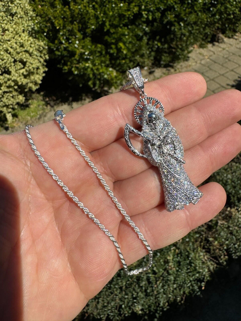 MOISSANITE Santa Muerte Grim Reaper Iced Out Pendant - 14k Gold Vermeil Or 925 Silver - Large 2.5"