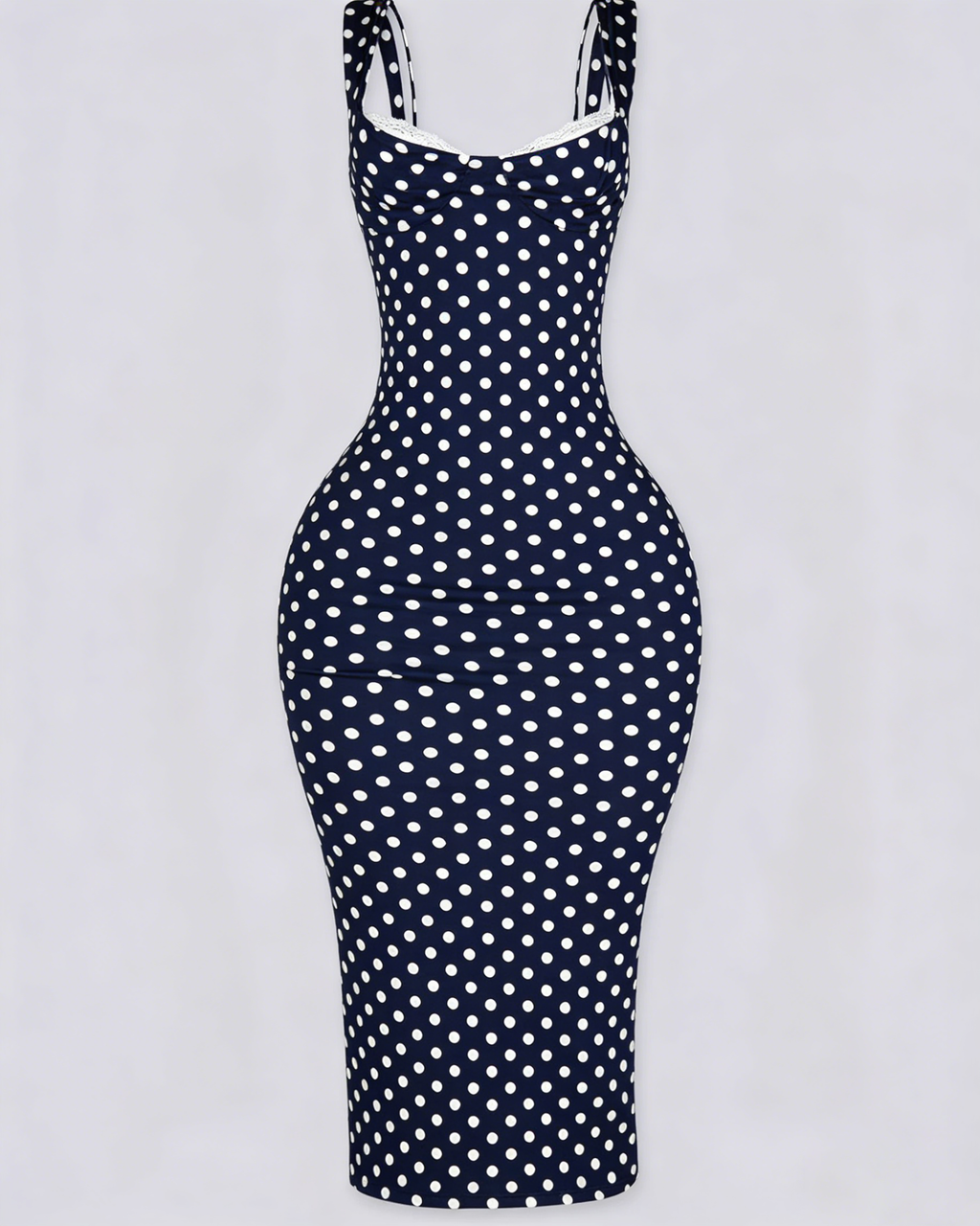 Vestido Midi de Lunares Ajustado con Escote de Pico