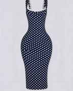 Vestido Midi de Lunares Ajustado con Escote de Pico